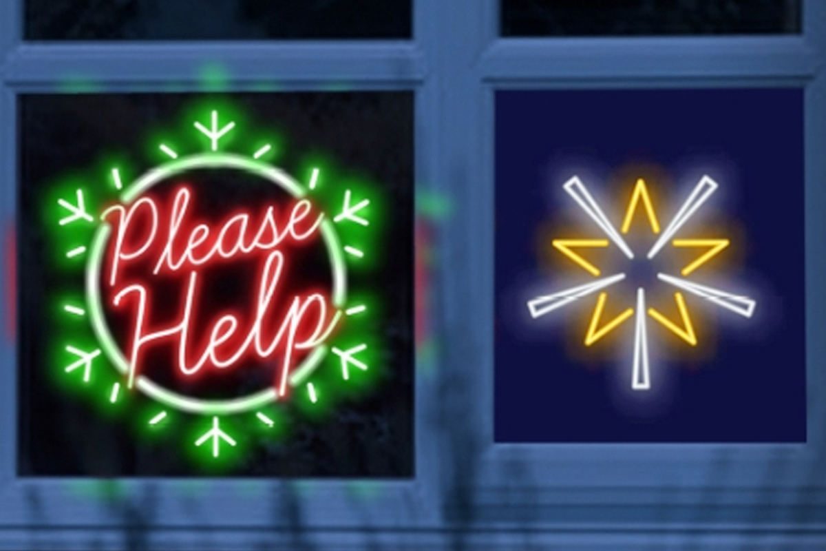 Christmas neon lights in the window one says please help and the other is a snowflake