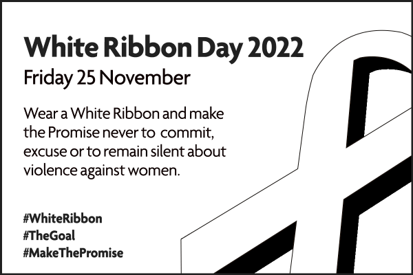 White Ribbon Day 2022 black and white graphic of ribbon